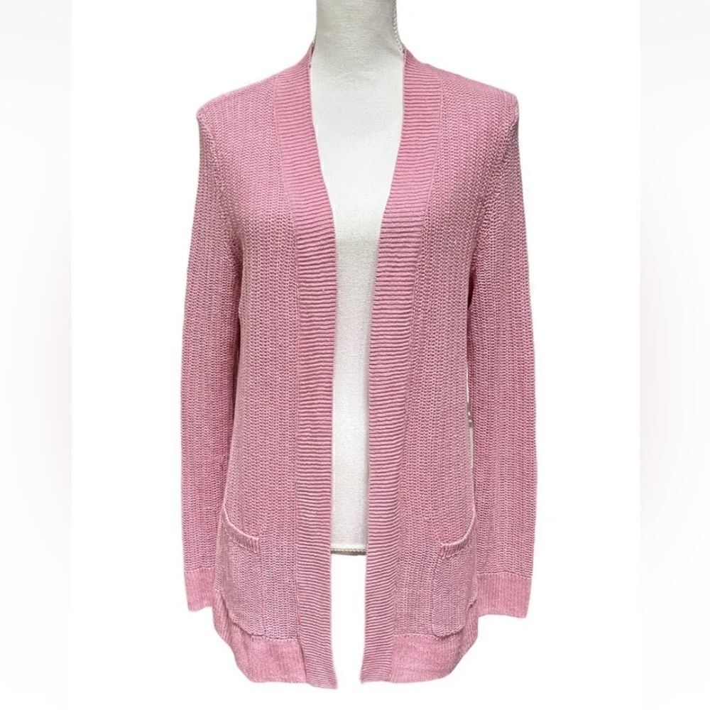 Talbots Cardigan Sweater 100% Linen pastel Pink drop shoulders Open Front Small